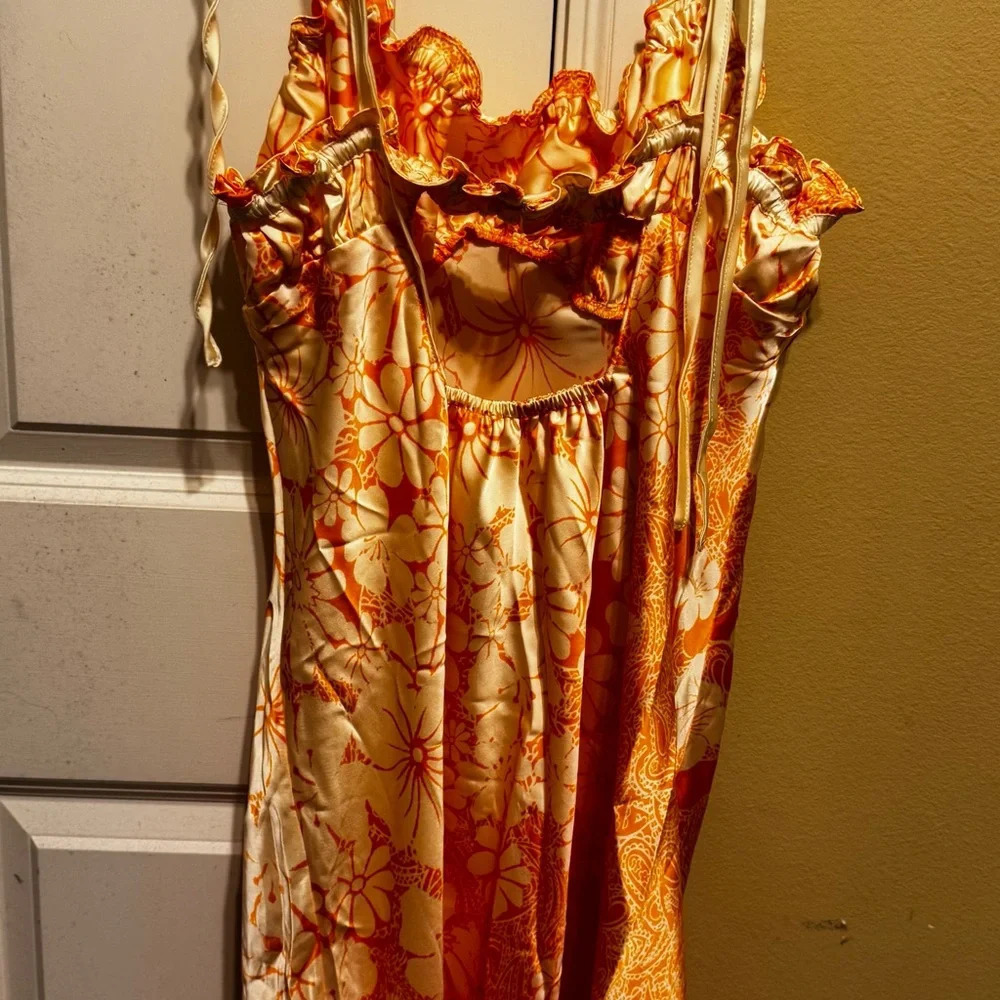 Free People Retro Daisy Asymmetrical Slipdress Orange Gold Floral Sz M - Picture 8 of 13